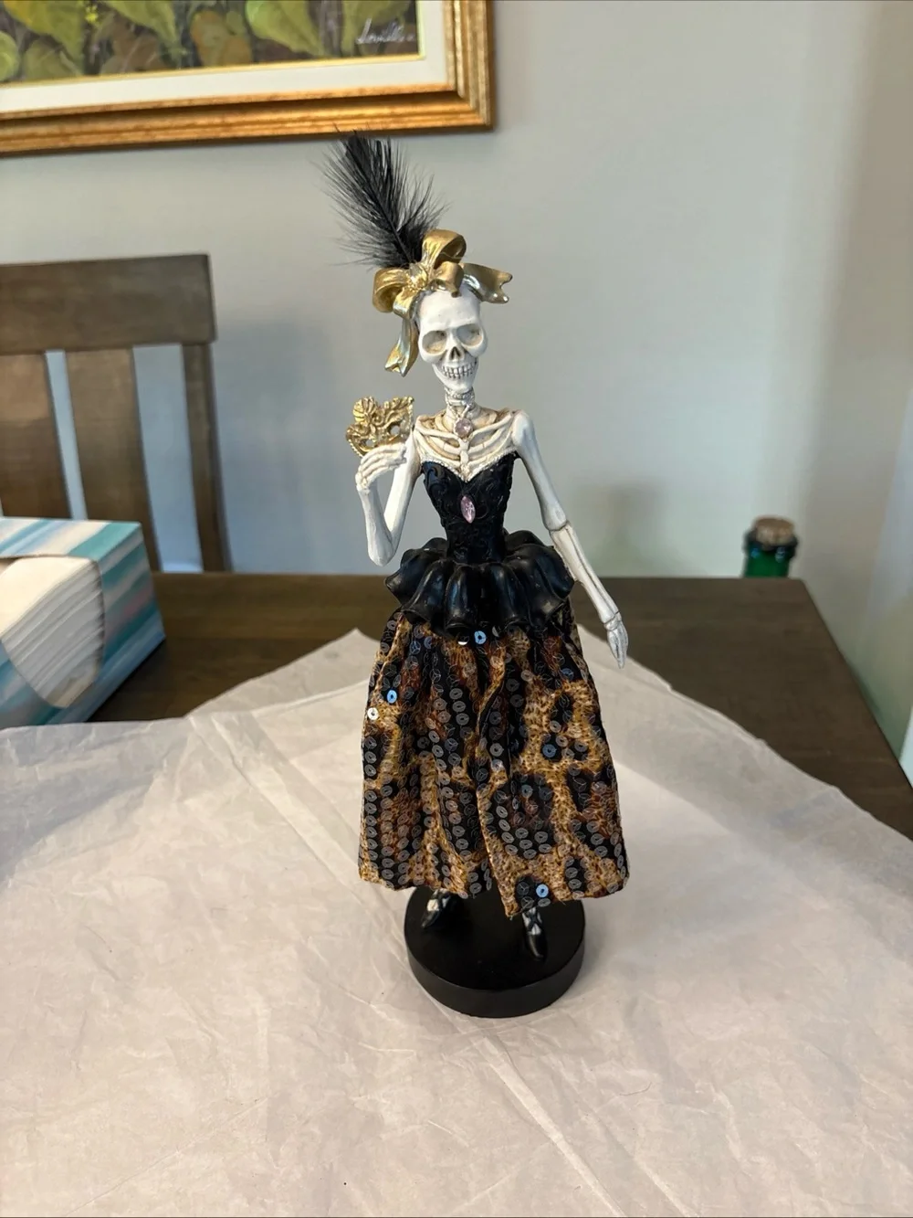 Bella Lux Halloween Skeleton Bow Mask Lady Figurine Leopard Sequin Dress